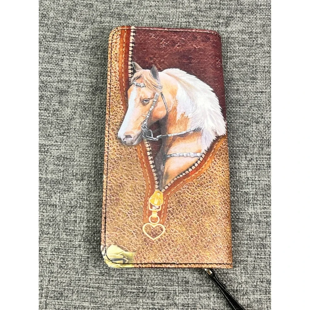 Zoey Horse Graphic Zip Around Wristlet Wallet Palomino Equestrian Brown Gold